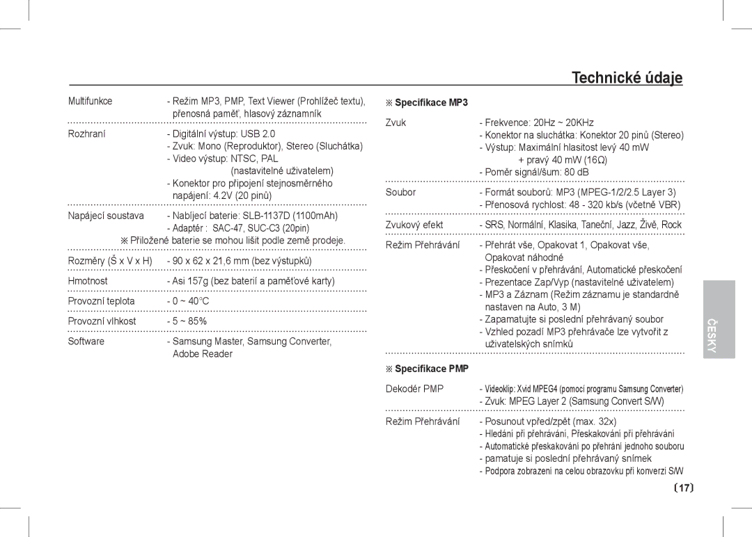 Samsung EC-I80ZZBAA, EC-I80ZZSBA/FR, EC-I80ZZBBA/FR, EC-I80ZZSBA/E2, EC-I80ZZBBA/E2 manual Specifikace MP3, Specifikace PMP 