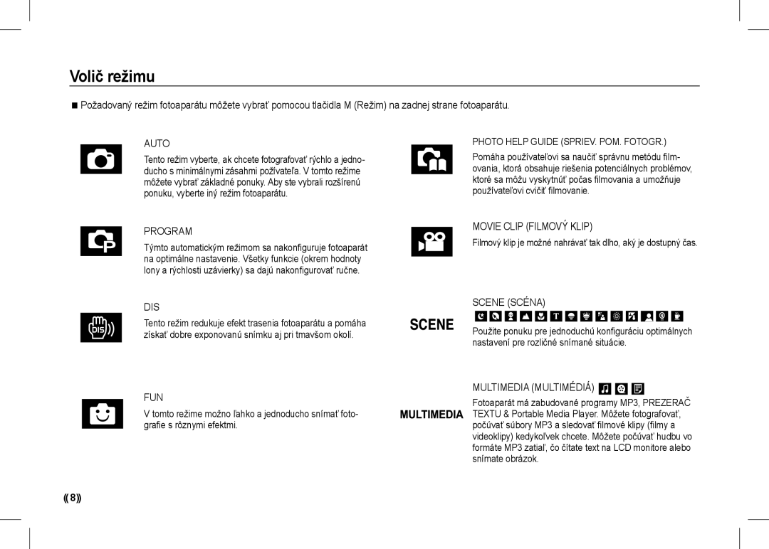 Samsung EC-I80ZZSBA/IN, EC-I80ZZSBA/FR manual Volič režimu, Movie Clip Filmový Klip, Scene Scéna, Multimedia Multimédiá 