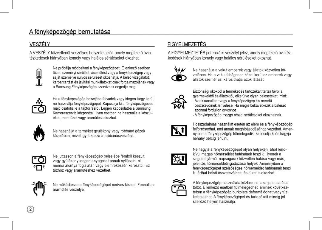 Samsung EC-I80ZZSBA/CA, EC-I80ZZSBA/FR manual Veszély, Figyelmezetés, Fényképezőgép mozgó részei sérüléseket okozhatnak 