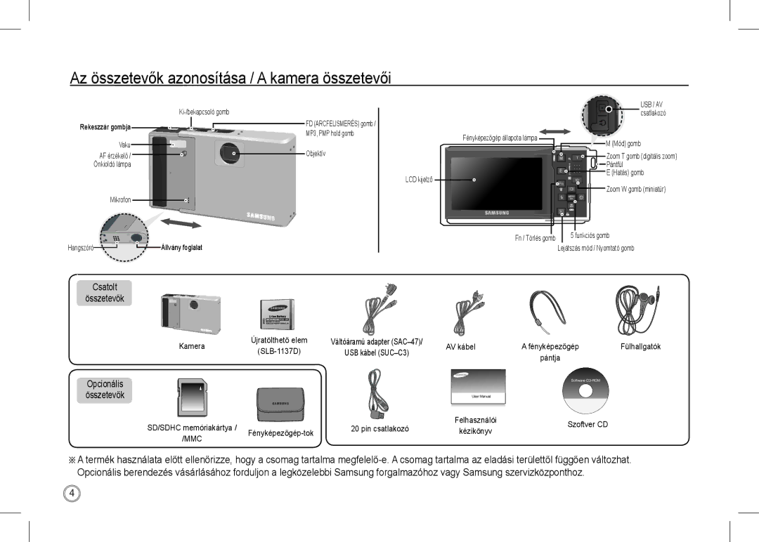 Samsung EC-I80ZZSBB/AS manual Az összetevők azonosítása / a kamera összetevői, Csatolt Összetevők, Opcionális Összetevők 