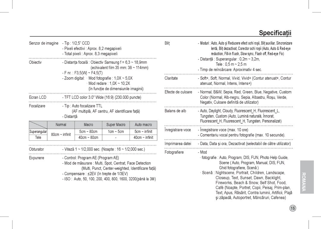 Samsung EC-I80ZZBBA/US, EC-I80ZZSBA/FR, EC-I80ZZBBA/FR, EC-I80ZZSBA/E2, EC-I80ZZBBA/E2, EC-I80ZZBDA/E3 manual Specificaţii 