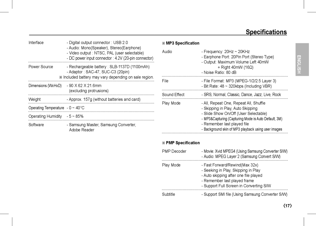 Samsung EC-I80ZZBAA, EC-I80ZZSBA/FR, EC-I80ZZBBA/FR, EC-I80ZZSBA/E2, EC-I80ZZBBA/E2 manual MP3 Specification, PMP Specification 