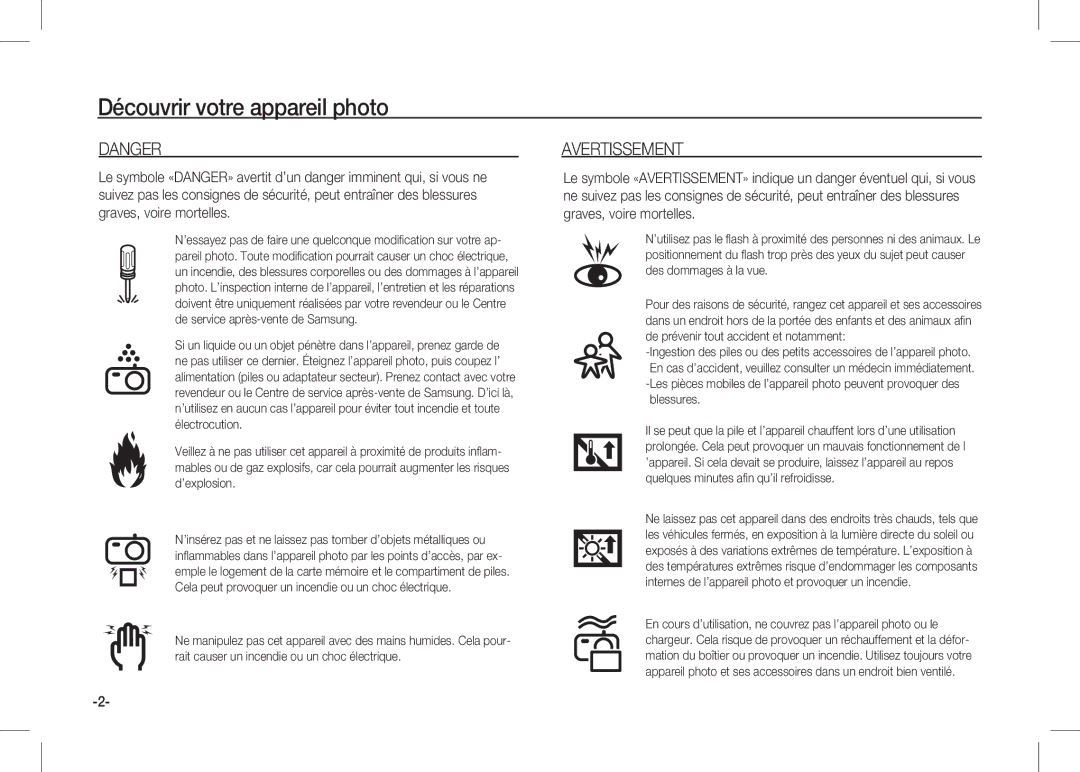 Samsung EC-I80ZZSBA/CA, EC-I80ZZSBA/FR, EC-I80ZZBBA/FR, EC-I80ZZSBA/E2, EC-I80ZZBBA/E2, EC-I80ZZBDA/E3 manual Avertissement 