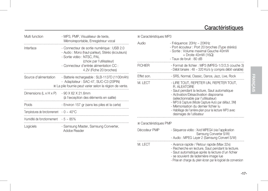 Samsung EC-I80ZZBBC/E1, EC-I80ZZSBA/FR, EC-I80ZZBBA/FR, EC-I80ZZSBA/E2, EC-I80ZZBBA/E2, EC-I80ZZBAA Fichier, Lect, Aleatoire 