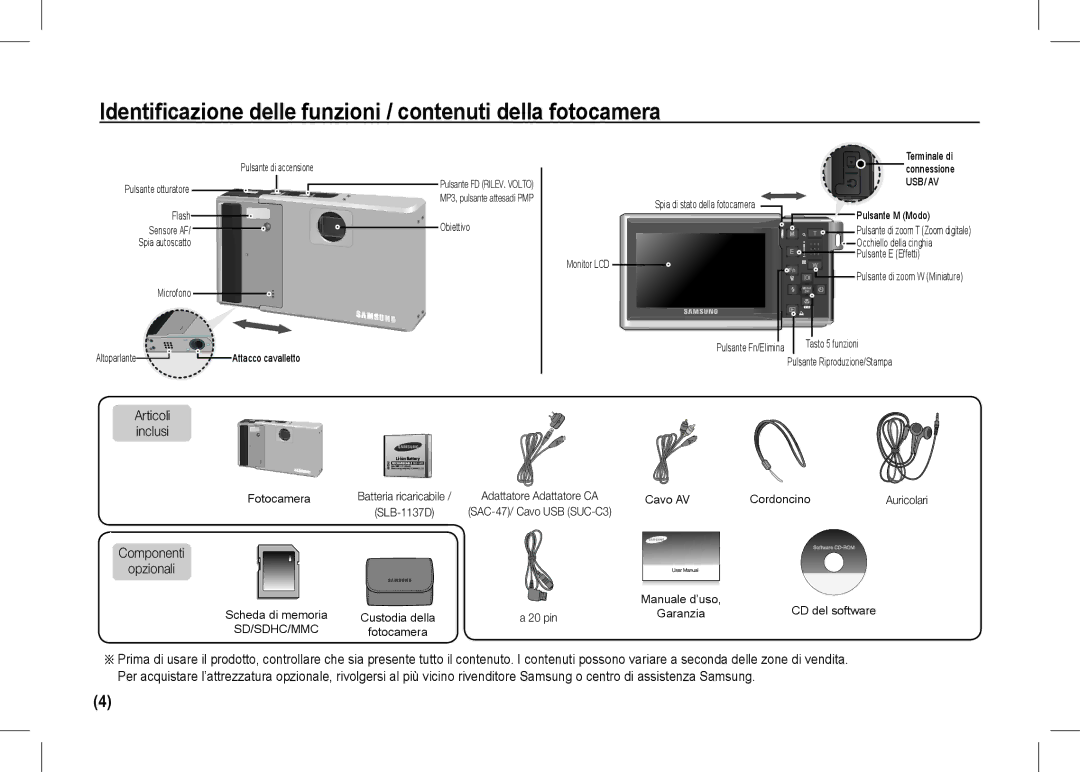 Samsung EC-I80ZZSBA/MX Identificazione delle funzioni / contenuti della fotocamera, Articoli inclusi, Componenti Opzionali 