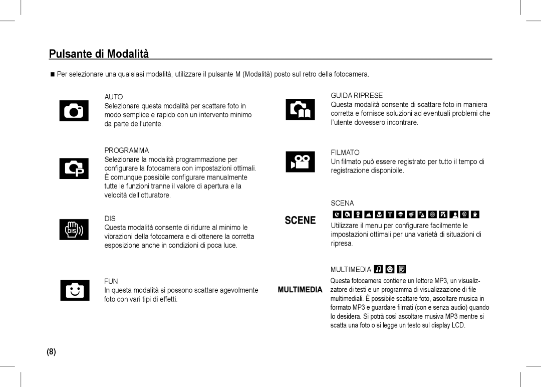 Samsung EC-I80ZZBBA/AR, EC-I80ZZSBA/FR, EC-I80ZZBBA/FR, EC-I80ZZSBA/E2 manual Pulsante di Modalità, Programma, Filmato, Scena 