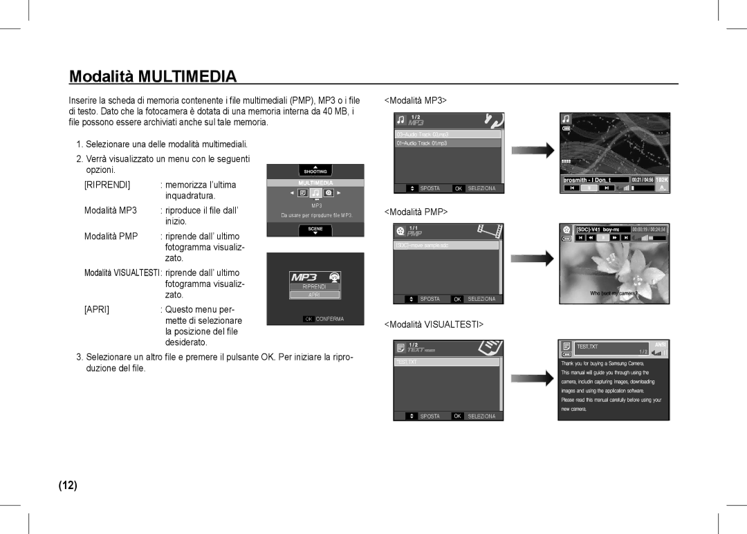 Samsung EC-I80ZZSBA/US manual Memorizza l’ultima, Inquadratura Modalità MP3 Riproduce il file dall’, Modalità PMP 