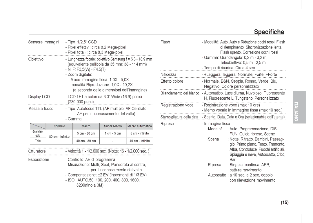 Samsung EC-I80ZZBBA/US manual Sensore immagini Tipo 1/2,5 CCD Flash, Pixel effettivi circa 8,2 Mega-pixel, Obiettivo, Gamma 