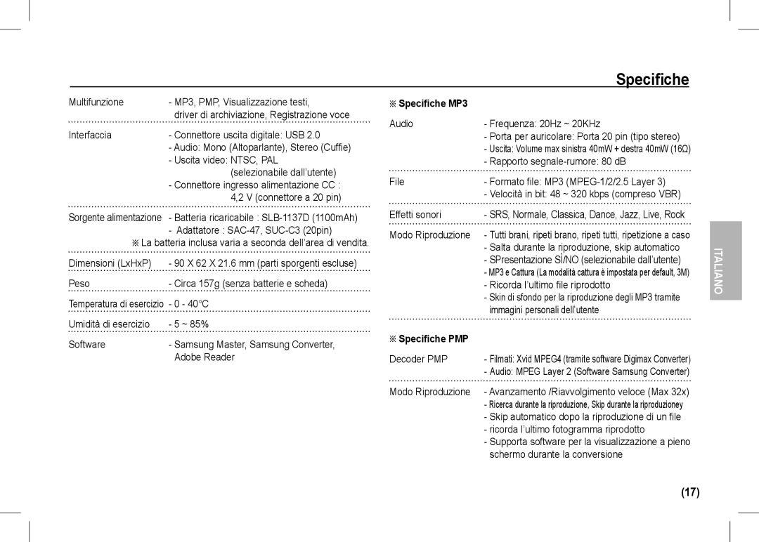 Samsung EC-I80ZZBBA/E1, EC-I80ZZSBA/FR, EC-I80ZZBBA/FR, EC-I80ZZSBA/E2, EC-I80ZZBBA/E2 manual Specifiche MP3, Specifiche PMP 