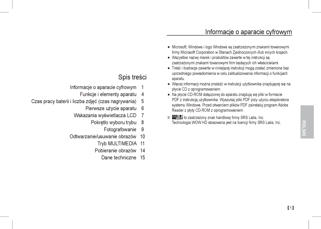 Samsung EC-I80ZZBBA/MX Spis treści, Informacje o aparacie cyfrowym, Czas pracy baterii i liczba zdjęć czas nagrywania 