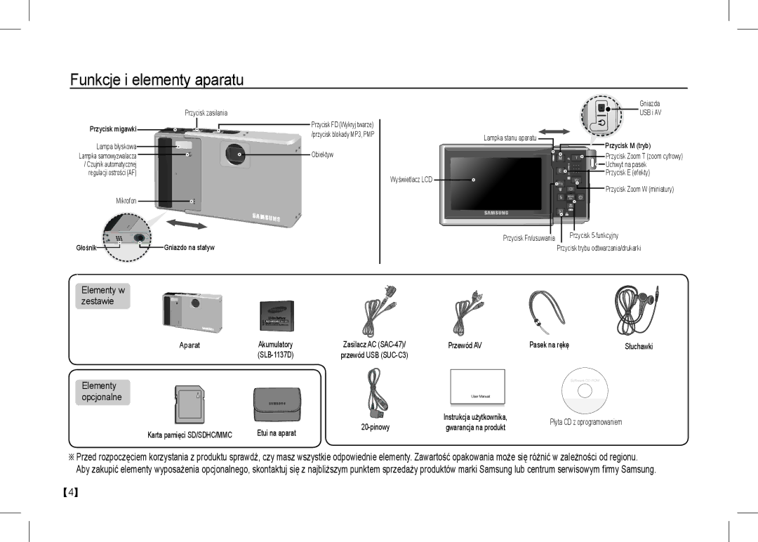 Samsung EC-I80ZZBDA/DE, EC-I80ZZSBA/FR, EC-I80ZZBBA/FR, EC-I80ZZSBA/E2 manual Funkcje i elementy aparatu, Elementy w zestawie 