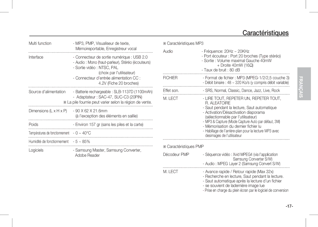 Samsung EC-I80ZZSDA/DE Multi function MP3, PMP, Visualiseur de texte, Interface, Adaptateur SAC-47, SUC-C3 20PIN, Poids 