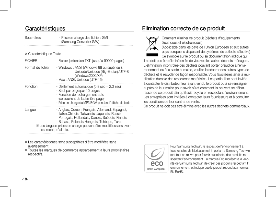 Samsung EC-I80ZZBBA/GB manual Sous-titres, Caractéristiques Texte, Format de fichier, Windows2000/XP, Fonction, Langue 