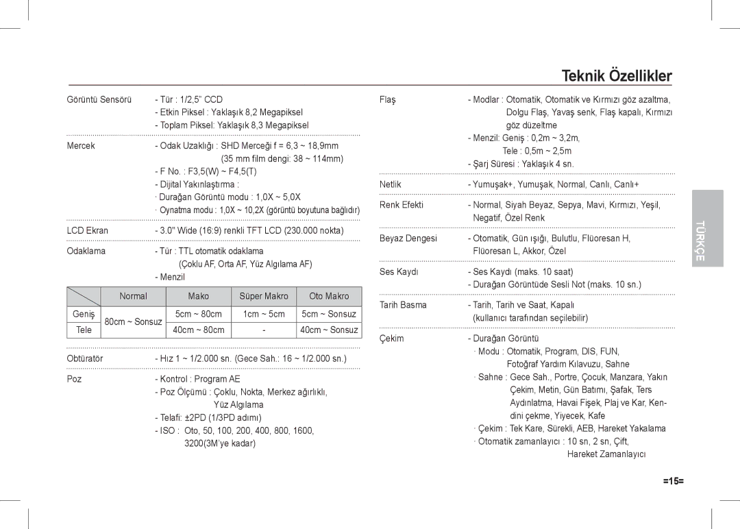 Samsung EC-I80ZZBBB/E1, EC-I80ZZSBA/FR, EC-I80ZZBBA/FR, EC-I80ZZSBA/E2, EC-I80ZZBBA/E2, EC-I80ZZBDA/E3 manual Teknik Özellikler 