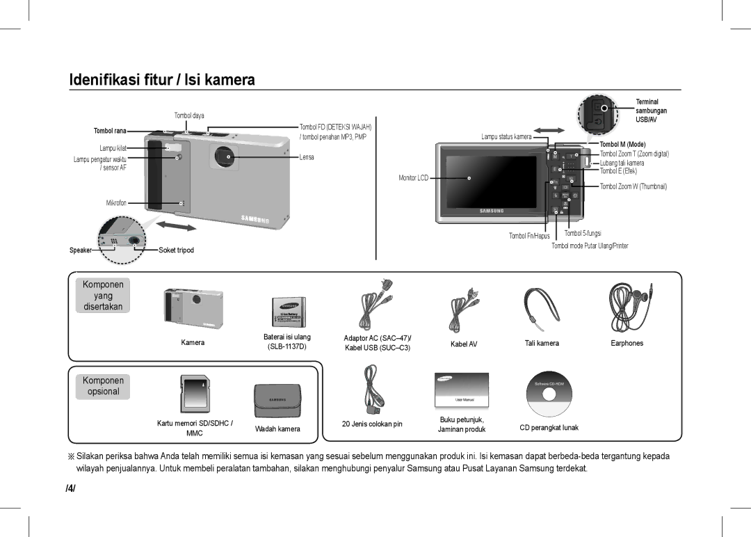 Samsung EC-I80ZZBDA/DE, EC-I80ZZSBA/FR manual Idenifikasi fitur / Isi kamera, Komponen Yang Disertakan, Komponen Opsional 