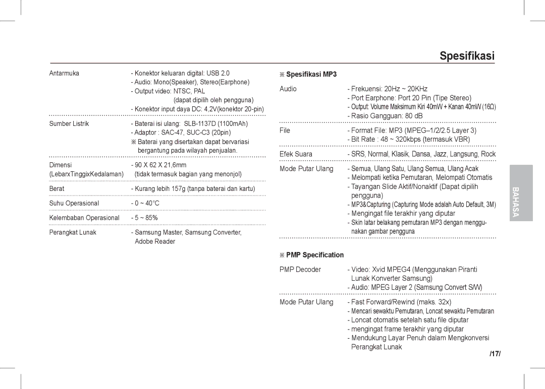 Samsung EC-I80ZZBBA/CA Rasio Gangguan 80 dB, Bit Rate 48 ~ 320kbps termasuk VBR, Efek Suara, Mode Putar Ulang, Pengguna 