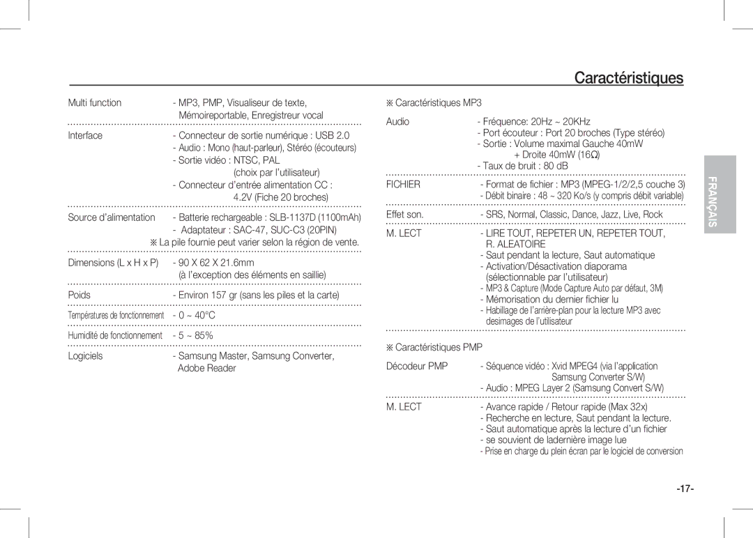 Samsung EC-I80ZZSDA/DE Multi function MP3, PMP, Visualiseur de texte, Interface, Adaptateur SAC-47, SUC-C3 20PIN, Poids 