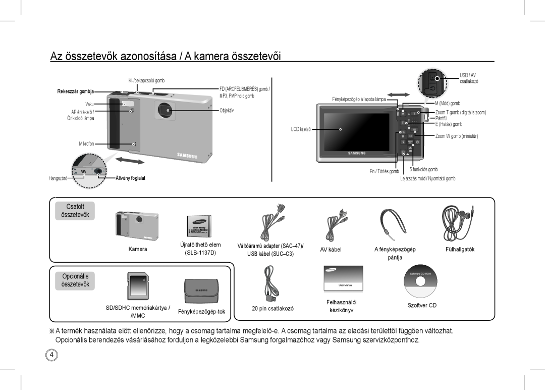 Samsung EC-I80ZZSBB/AS manual Az összetevők azonosítása / A kamera összetevői, Csatolt összetevők, Opcionális összetevők 
