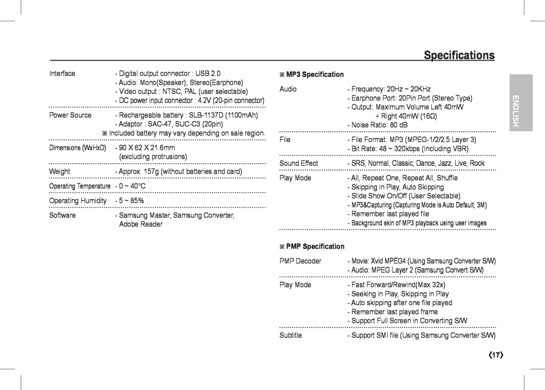Samsung EC-I80ZZBAA Ä MP3 Specification, Ä PMP Specification, Specifications, English, Audio MonoSpeaker, StereoEarphone 