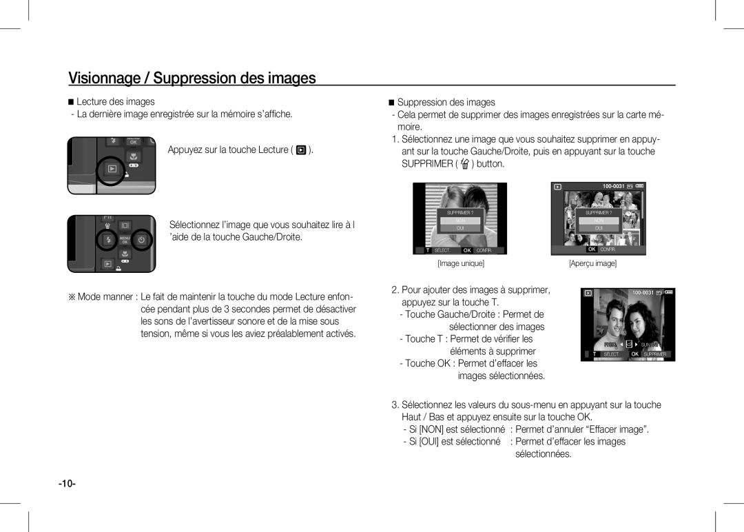 Samsung EC-I80ZZBBA/FR manual Visionnage / Suppression des images, Ê Lecture des images, Appuyez sur la touche Lecture g 