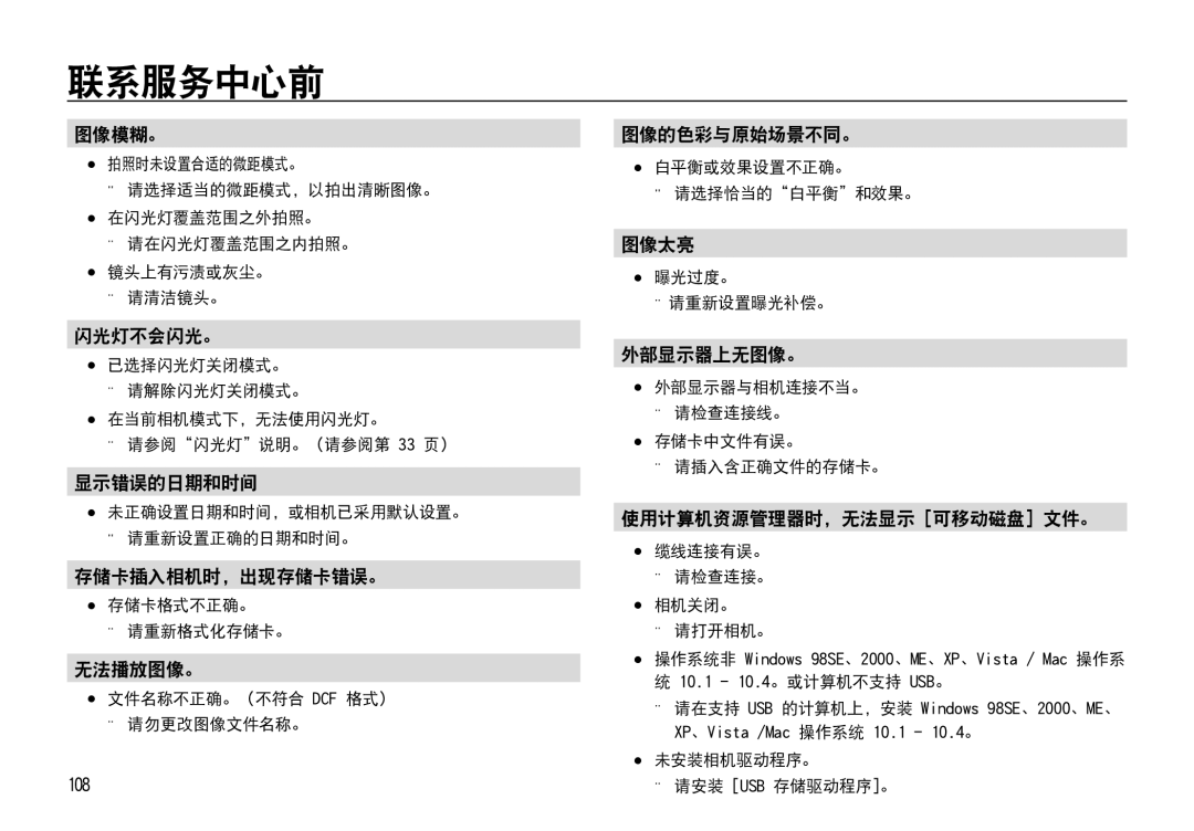 Samsung EC-I85ZZRBA/E3 manual 图像模糊。, 闪光灯不会闪光。, 显示错误的日期和时间, 存储卡插入相机时，出现存储卡错误。, 无法播放图像。, 图像的色彩与原始场景不同。, 图像太亮, 外部显示器上无图像。 