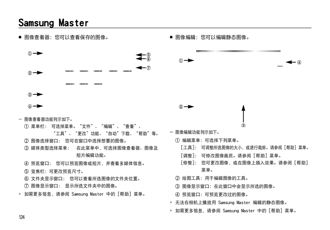 Samsung EC-I85ZZRBA/E3, EC-I85ZZBBA/E3, EC-I85ZZBBA/E1, EC-I85ZZRBA/E1 manual  图像查看器：您可以查看保存的图像。, 124,  图像编辑：您可以编辑静态图像。 