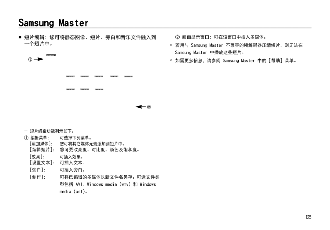 Samsung EC-I85ZZSBA/E1, EC-I85ZZBBA/E3, EC-I85ZZBBA/E1, EC-I85ZZRBA/E1 manual 125,  短片编辑：您可将静态图像、短片、旁白和音乐文件融入到 一个短片中。 