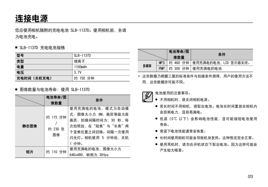 Samsung EC-I85ZZSBA/E1 连接电源, 您应使用相机随附的充电电池 SLB-1137D。使用相机前，务请 为电池充电。,  SLB-1137D 充电电池规格,  图像数量与电池寿命：使用 SLB-1137D, 013 