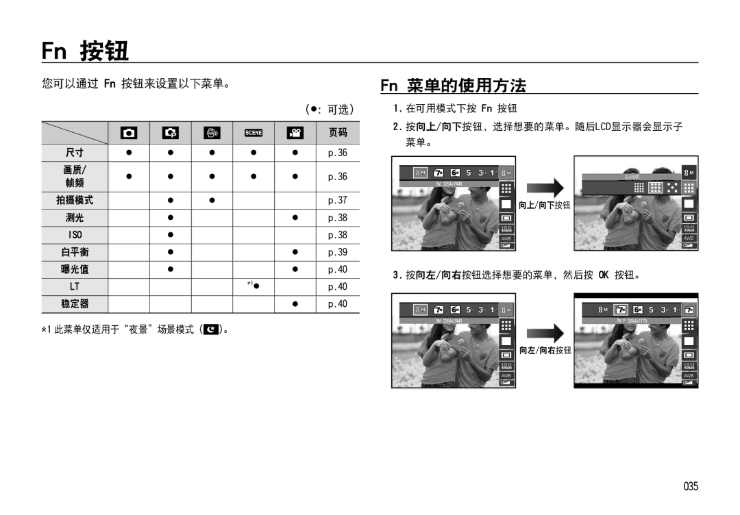 Samsung EC-I85ZZSBA/E2, EC-I85ZZBBA/E3, EC-I85ZZBBA/E1, EC-I85ZZRBA/E1, EC-I85ZZRBA/E3 Fn 菜单的使用方法, 您可以通过 Fn 按钮来设置以下菜单。, 035 