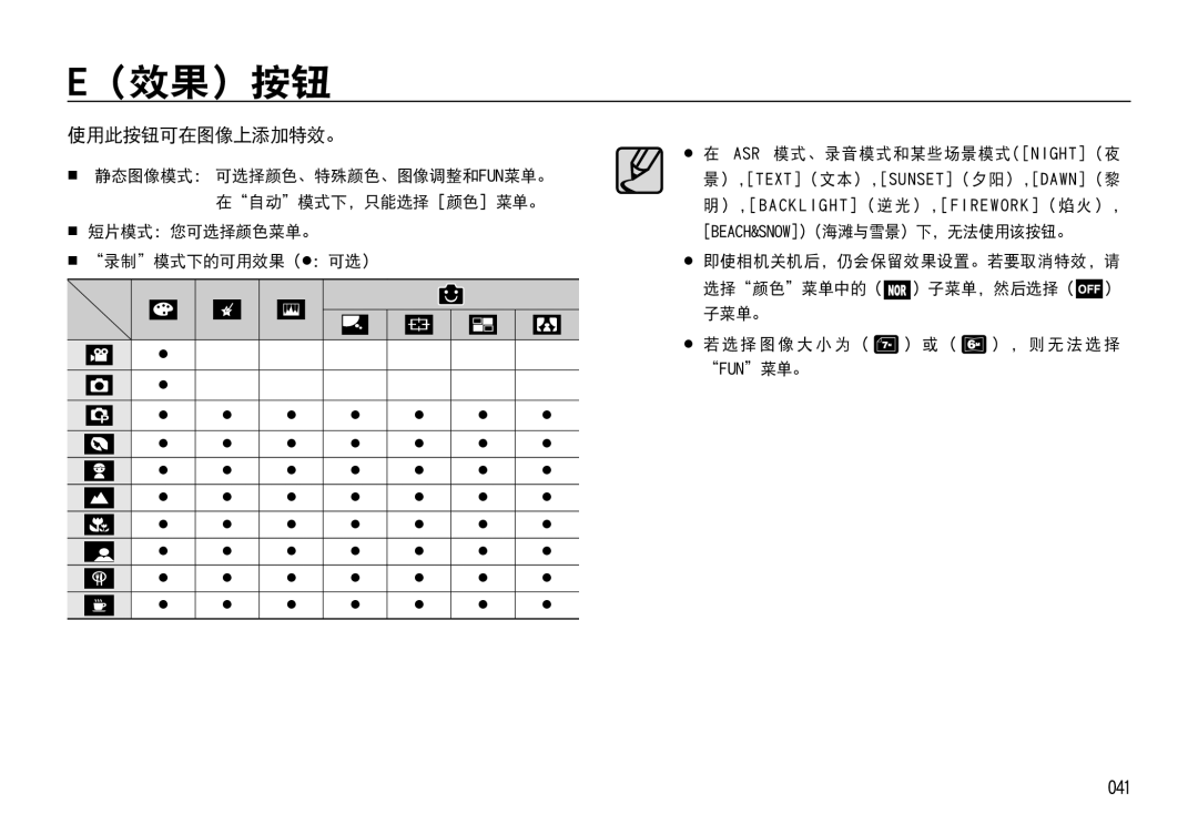 Samsung EC-I85ZZBBA/E1, EC-I85ZZBBA/E3, EC-I85ZZRBA/E1 （效果）按钮, 使用此按钮可在图像上添加特效。, 041,  短片模式：您可选择颜色菜单。  录制模式下的可用效果（  ：可选） 