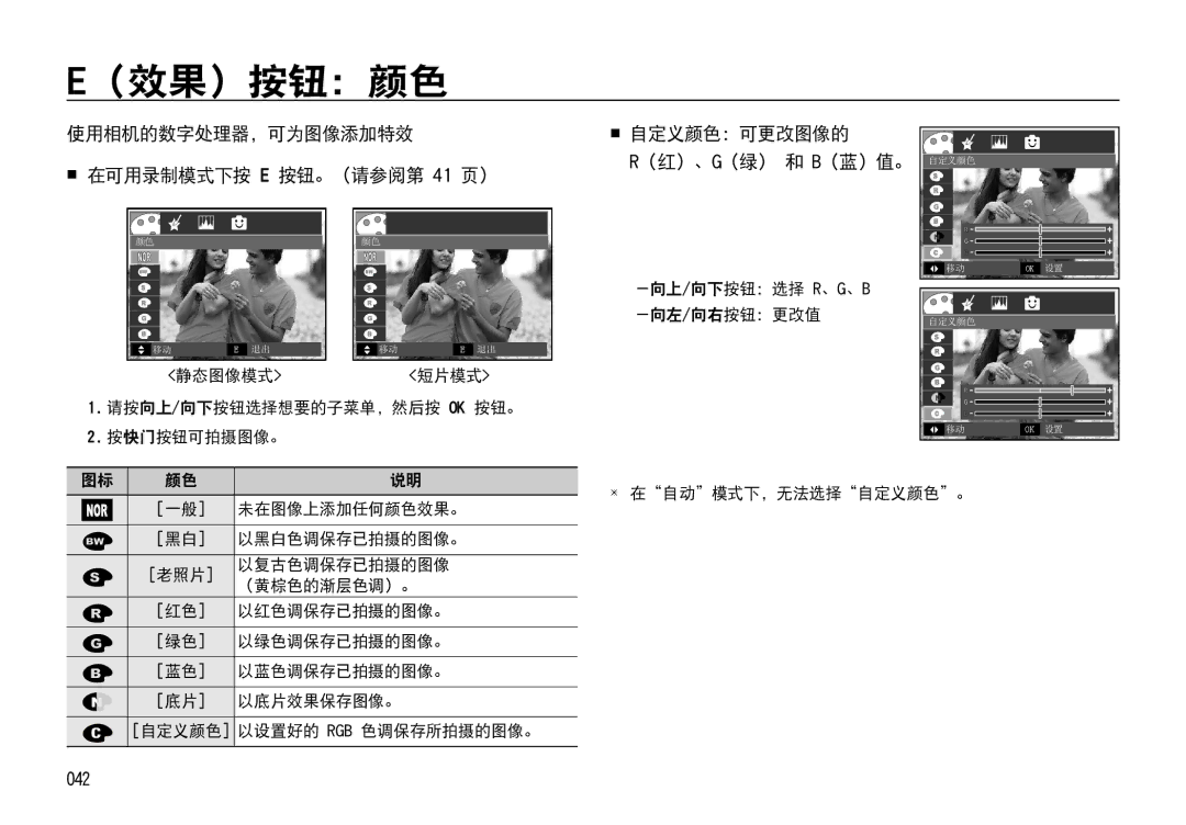 Samsung EC-I85ZZRBA/E1 （效果）按钮：颜色, 使用相机的数字处理器，可为图像添加特效  在可用录制模式下按 E 按钮。（请参阅第 41 页）,  自定义颜色：可更改图像的 （红）、G（绿） 和 B（蓝）值。 自定义颜色 