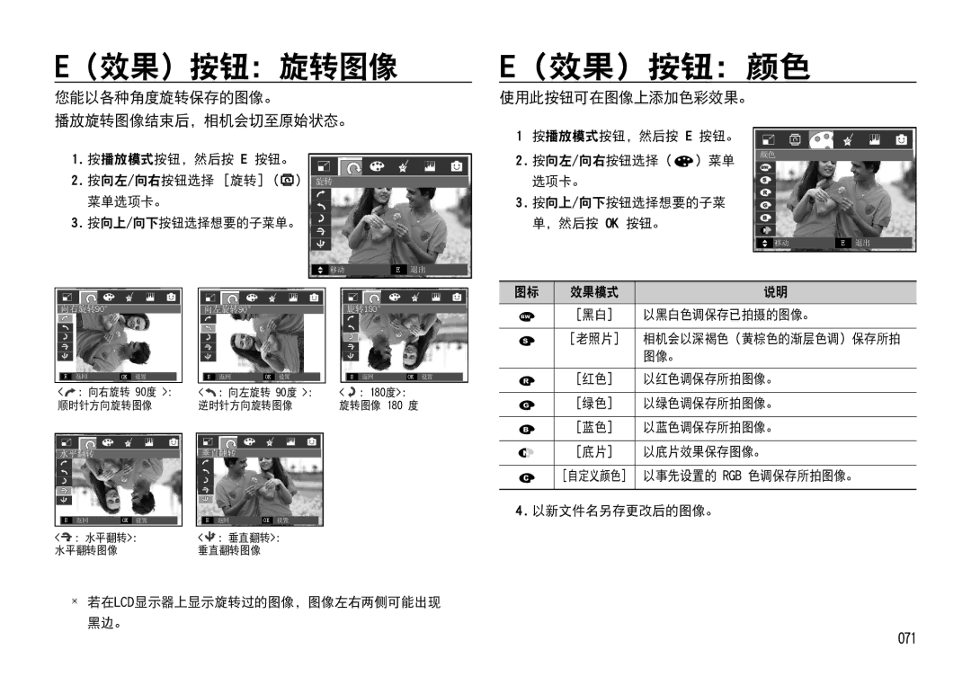 Samsung EC-I85ZZBBA/IT, EC-I85ZZBBA/E3 manual （效果）按钮：旋转图像, 您能以各种角度旋转保存的图像。 播放旋转图像结束后，相机会切至原始状态。, 使用此按钮可在图像上添加色彩效果。, 071 