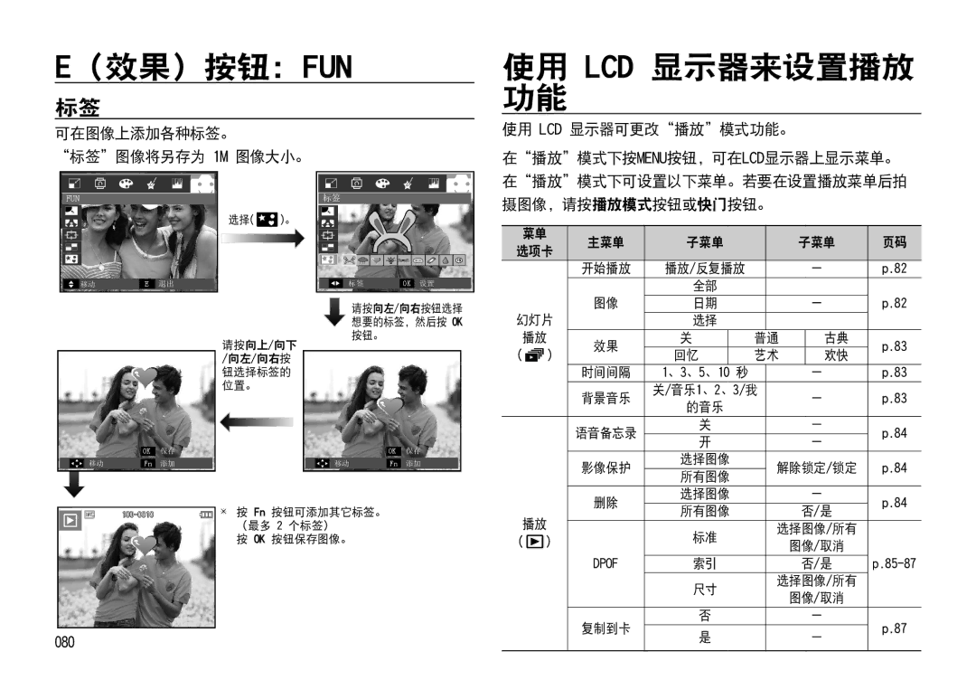 Samsung EC-I85ZZBBA/E3, EC-I85ZZBBA/E1, EC-I85ZZRBA/E1 manual 使用 Lcd 显示器来设置播放 功能, 可在图像上添加各种标签。 标签图像将另存为 1M 图像大小。, 080 