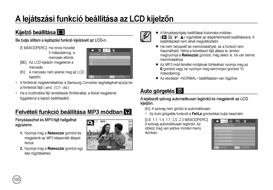 Samsung EC-I85ZZRBA/E3, EC-I85ZZBBA/E3 manual Kijelző beállítása, Felvételi funkció beállítása MP3 módban, Auto görgetés 