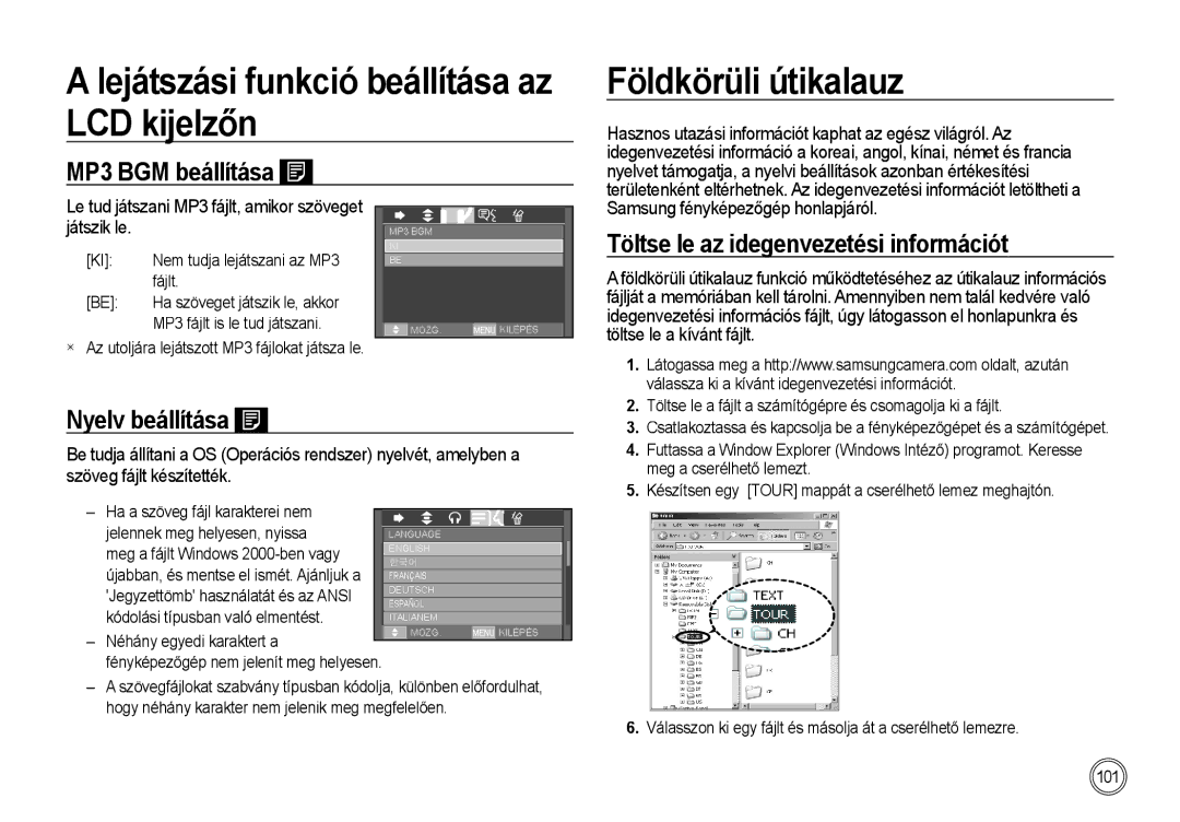 Samsung EC-I85ZZSBA/E1, EC-I85ZZBBA/E3 manual MP3 BGM beállítása, Töltse le az idegenvezetési információt, Nyelv beállítása 