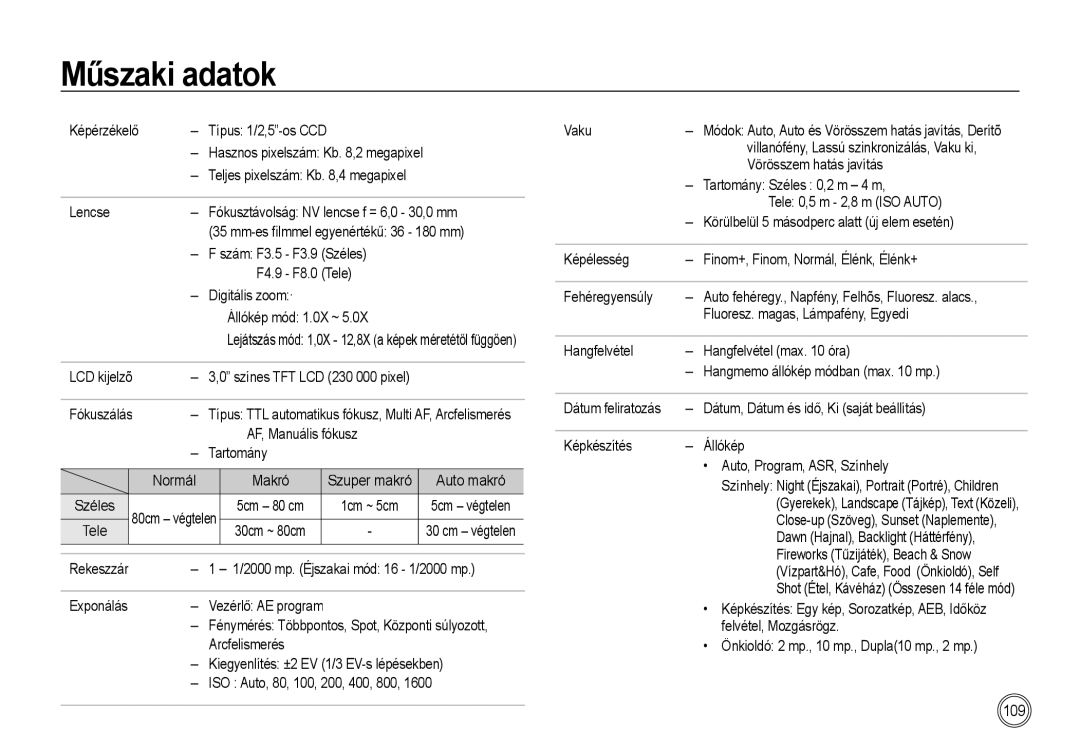 Samsung EC-I85ZZSBA/E1, EC-I85ZZBBA/E3, EC-I85ZZBBA/E1, EC-I85ZZRBA/E1, EC-I85ZZSBA/E2, EC-I85ZZRBA/E3 manual Műszaki adatok 