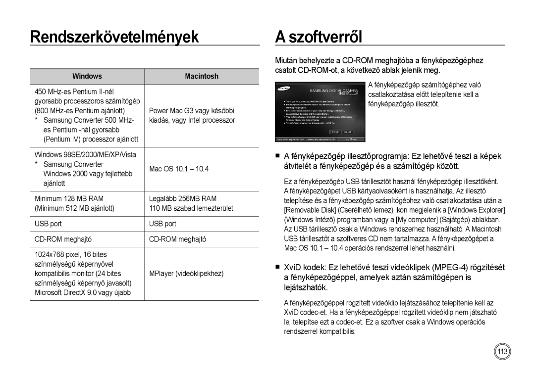 Samsung EC-I85ZZBBA/E1, EC-I85ZZBBA/E3, EC-I85ZZRBA/E1, EC-I85ZZSBA/E2 Rendszerkövetelmények, Szoftverről, Windows Macintosh 