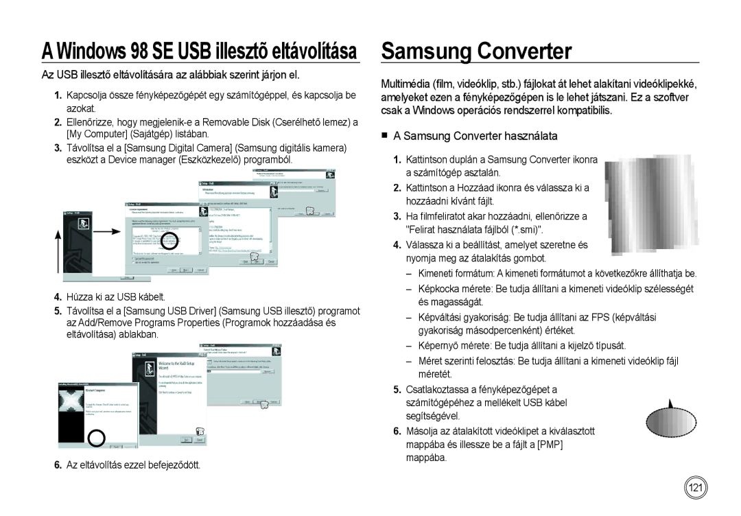 Samsung EC-I85ZZBBA/E1, EC-I85ZZBBA/E3 manual Windows 98 SE USB illesztõ eltávolítása,  a Samsung Converter használata 