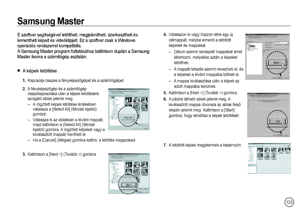 Samsung EC-I85ZZSBA/E2, EC-I85ZZBBA/E3, EC-I85ZZBBA/E1 manual Samsung Master, Letöltött képek megjelennek a képernyőn 