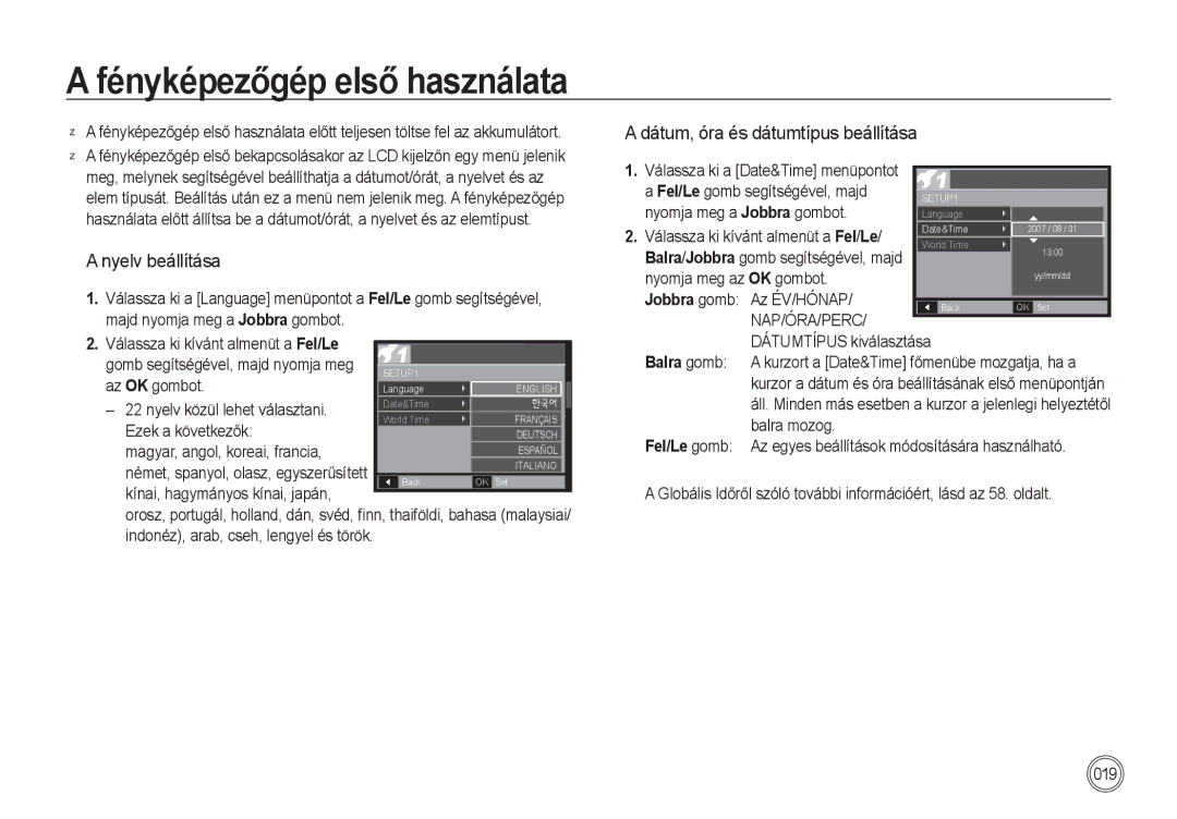 Samsung EC-I85ZZSBA/E2 manual Fényképezőgép első használata,  a nyelv beállítása,  a dátum, óra és dátumtípus beállítása 