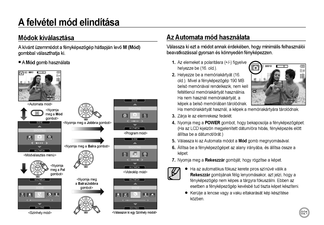 Samsung EC-I85ZZSBA/E1, EC-I85ZZBBA/E3 manual Felvétel mód elindítása, Módok kiválasztása, Az Automata mód használata 