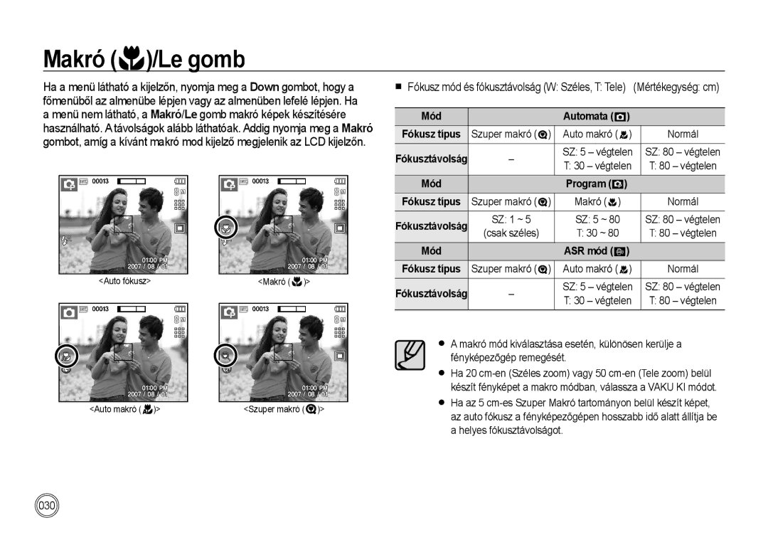 Samsung EC-I85ZZSBA/E3, EC-I85ZZBBA/E3, EC-I85ZZBBA/E1, EC-I85ZZRBA/E1 manual Makró /Le gomb, Automata, Program, ASR mód 