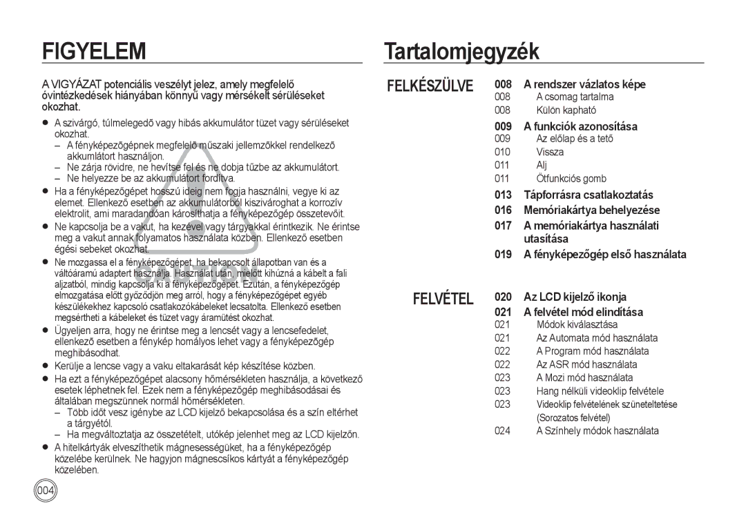 Samsung EC-I85ZZRBA/E3, EC-I85ZZBBA/E3 manual Tartalomjegyzék, Csomag tartalma 008 Külön kapható, Színhely módok használata 