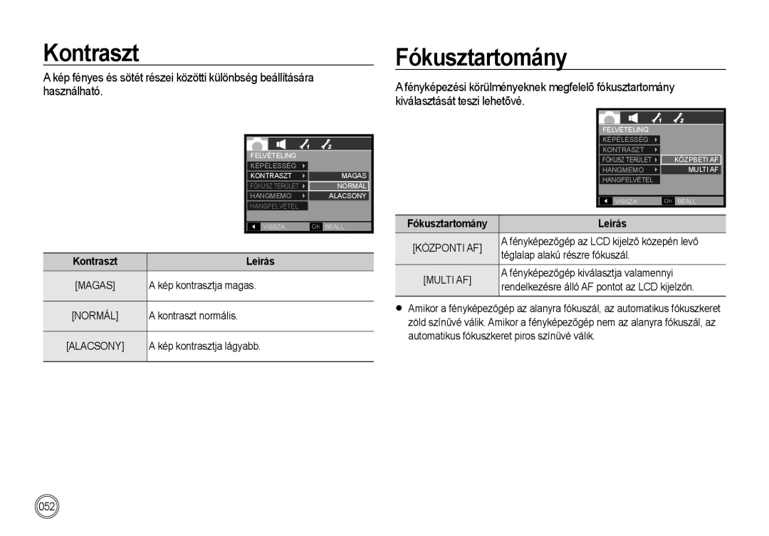 Samsung EC-I85ZZRBA/E3, EC-I85ZZBBA/E3, EC-I85ZZBBA/E1 manual Fókusztartomány, Kép kontrasztja magas, Kontraszt normális 