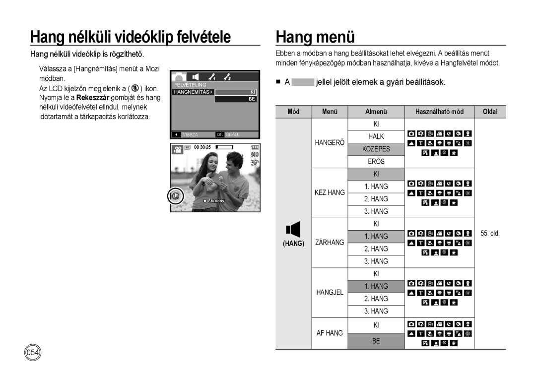 Samsung EC-I85ZZSBA/E3 manual Hang menü, Hang nélküli videóklip is rögzíthető, Válassza a Hangnémítás menüt a Mozi módban 