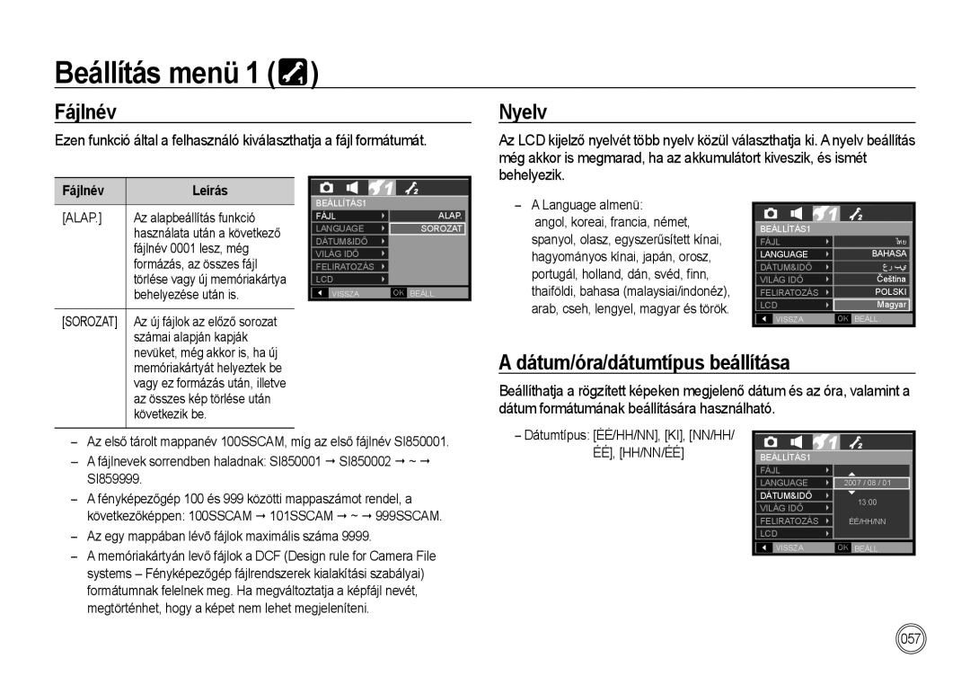 Samsung EC-I85ZZBBA/E1, EC-I85ZZBBA/E3 manual Nyelv, Dátum/óra/dátumtípus beállítása, FájlnévLeírás, Language almenü 