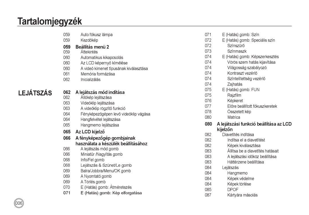 Samsung EC-I85ZZSBA/E3 Auto fókusz lámpa Kezdőkép, Hangfelvétel lejátszása 065 Hangmemo lejátszása, Színszűrő, Színmaszk 