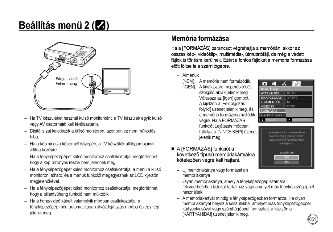 Samsung EC-I85ZZSBA/E1 Vagy AV csatornáját kell kiválasztania, Hiba, Állítsa középre, Almenük NEM a memória nem formázódik 