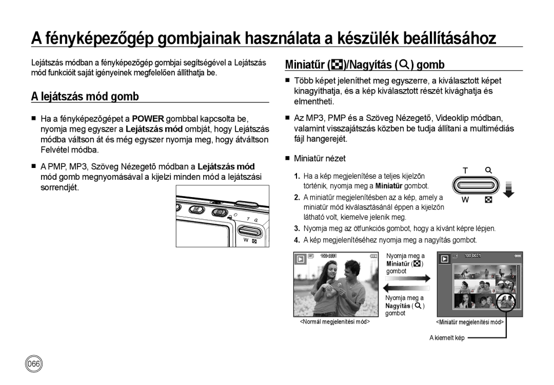 Samsung EC-I85ZZRBA/E1, EC-I85ZZBBA/E3, EC-I85ZZBBA/E1, EC-I85ZZSBA/E2 manual Lejátszás mód gomb, Miniatűr /Nagyítás gomb 