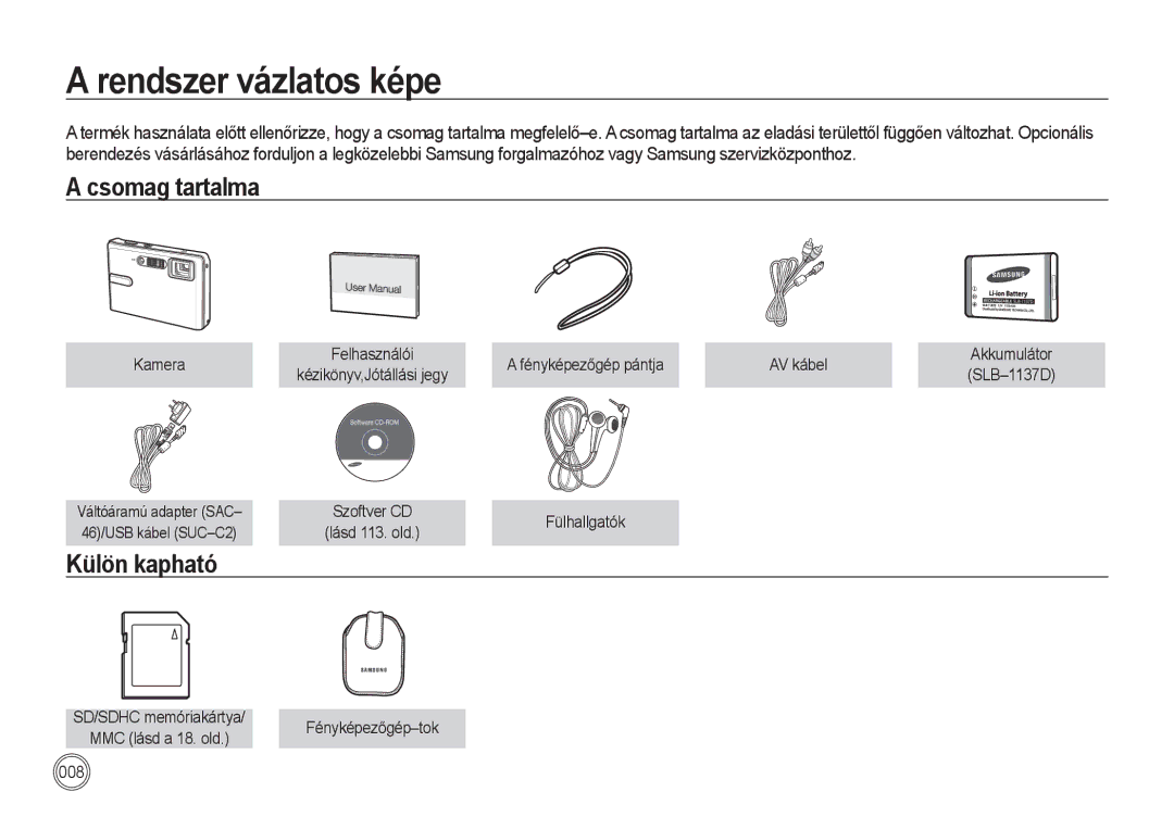 Samsung EC-I85ZZBBA/E3 manual Rendszer vázlatos képe, Csomag tartalma, Külön kapható, Kamera, Fényképezőgép pántja AV kábel 